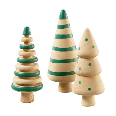 Set of 3 natural/green wooden fir trees 10 cm - Christmas decoration