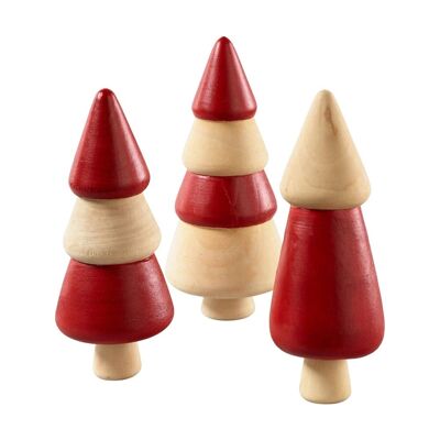 Set de 3 Sapins en bois naturel/rouge 10 cm - Décoration de Noël