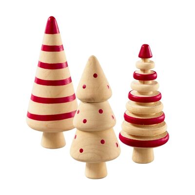 Set de 3 Sapins en bois naturel/rouge 10 cm - Décoration de Noël