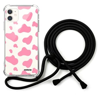 Coque cordon iPhone 11 avec cordon noir - Cow print pink 1