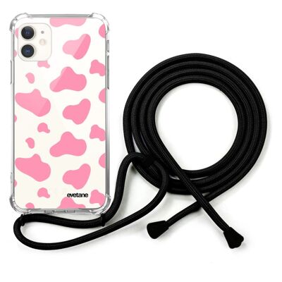 Funda con cordón para iPhone 11 y cordón negro - Estampado de vaca rosa