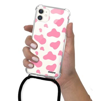 Coque cordon iPhone 11 avec cordon noir - Cow print pink 5