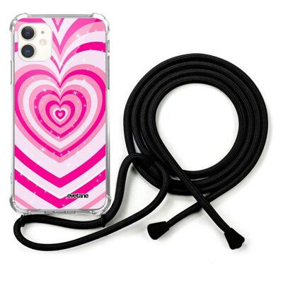 IPhone 11 cord case with black cord - Pink Psychedelic Heart