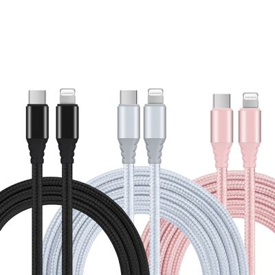 PACK DE 3 CABLES TRICOLOR USB C VERS LIGHTNING