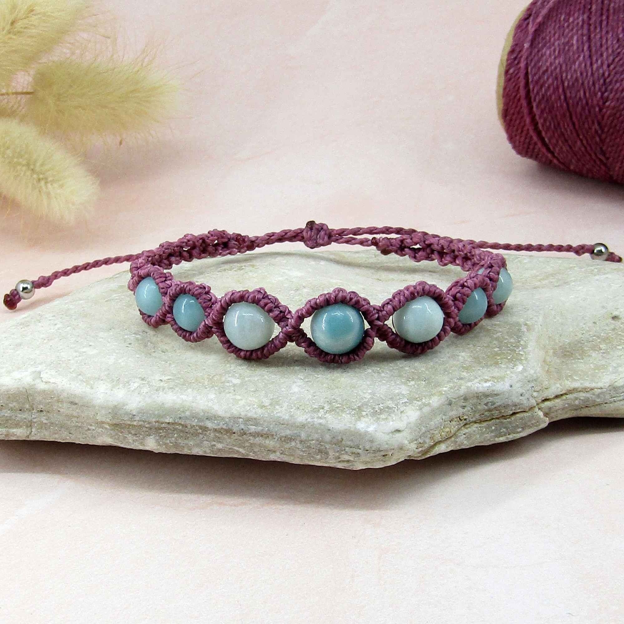 Bracelet macramé amazonite ajustable couleur violine