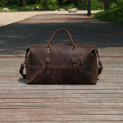 Vintage Look Genuine Leather Holdall With Zip Detail