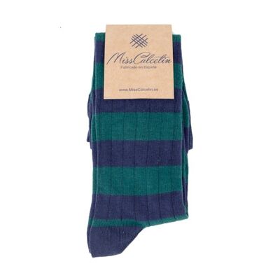 Miss Evergreen-Navy Striped High Cane Sock