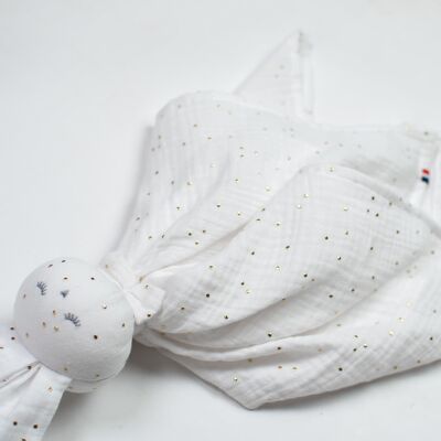Handcrafted and customizable Rabbit soft toy, White with gold dots, Made in France