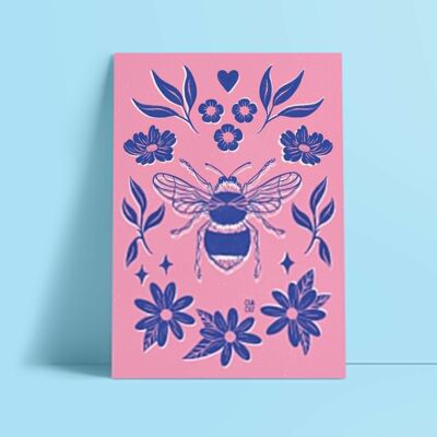 Affiche abeille bleue et rose | insecte, fleur, ornemental
