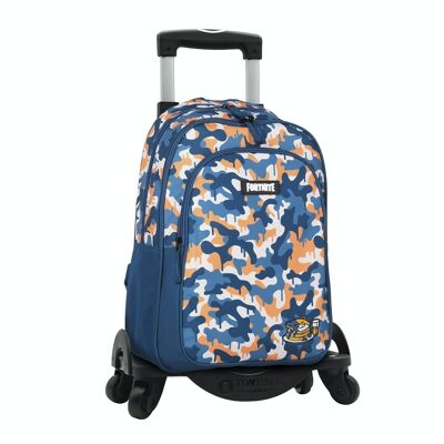 Fortnite Blue Camo double compartment primary backpack + trolley with side protection and front stoper, 4 multidirectional wheels.