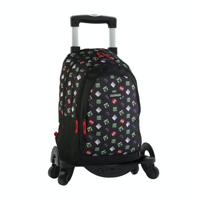 Minecraft TNT double compartment primary backpack + trolley with side protection and front stoper, 4 multidirectional wheels.