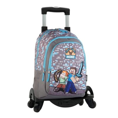 Minecraft Warriors double compartment primary backpack + trolley with side protection and front stoper, 4 multidirectional wheels.