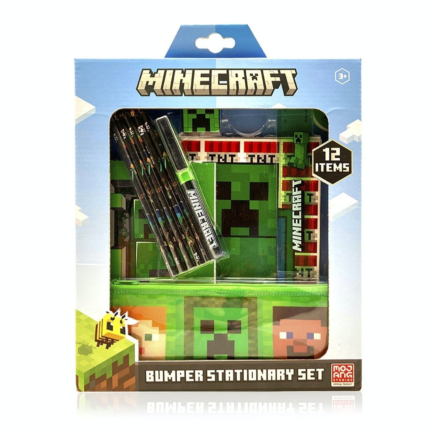 Set di cancelleria Minecraft. Quaderno A5, quaderno, astuccio, matite colorate, penna, gomma, temperamatite e righello.