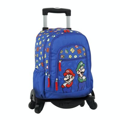Super Mario and Luigi double compartment primary backpack + trolley with side protection and front stopper, 4 multidirectional wheels.
