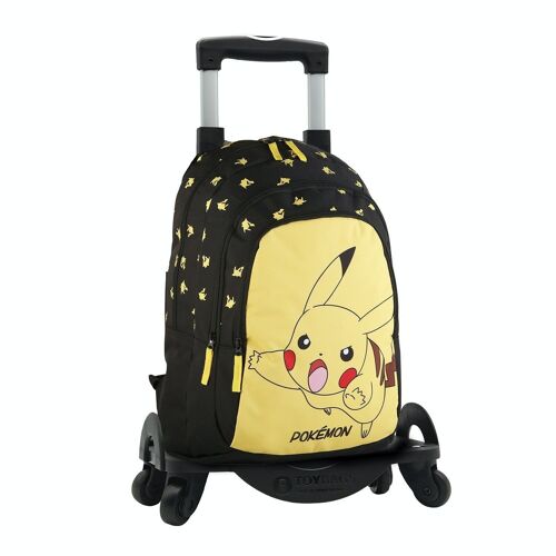 Pokemon Pikachu mochila primaria doble compartimento + carro con protección lateral y stoper frontal, 4 ruedas multidireccionales.