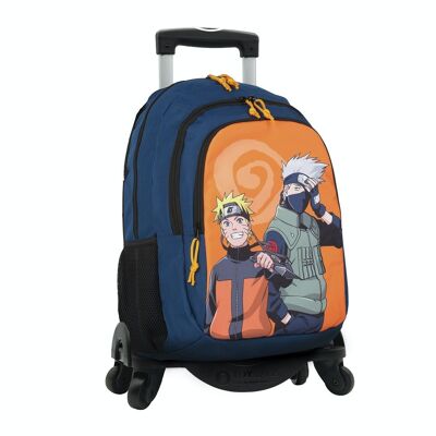 Naruto double compartment primary backpack + trolley with side protection and front stoper, 4 multidirectional wheels.