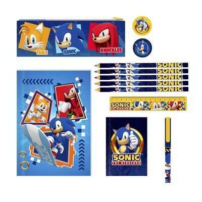 Sonic-Briefpapier-Set. Notizbuch, Etui, Buntstifte, Kugelschreiber, Radiergummi, Spitzer und Lineal.