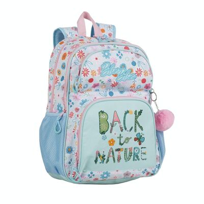 Blin-Blin Back To Nature double compartment primary backpack, large capacity and adaptable to trolley. With pom-pom accessory.