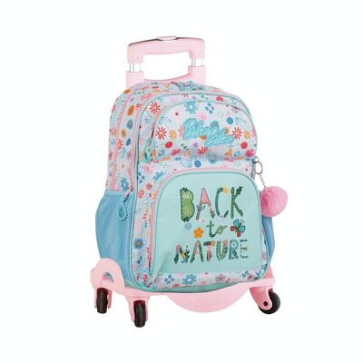 Blin-Blin Back to Nature, double compartment primary backpack with trolley. Side protection and front stoper, 4 multidirectional wheels. With pom-pom accessory.