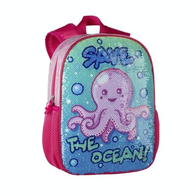 Zaino per asilo nido per bambini e scuole materne, Octopus Save The Ocean con paillettes reversibili.