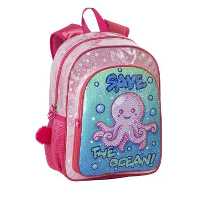 Pulpito Save The Ocean primary backpack. Adaptable to trolley, with reversible sequins and pom-pom accessory.