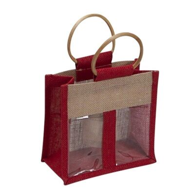 Jute bag natural/red + PVC window 18.5x10x18/28