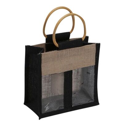Natural/black jute bag + PVC window 18.5x10x18/28