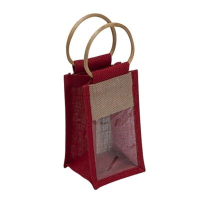 Jute bag natural/red + PVC window 10.5x10x18/28