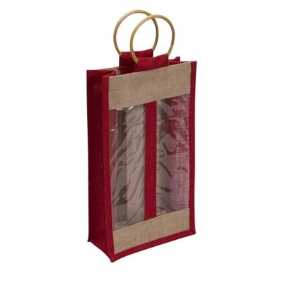 Natural and red jute bag for 2 bottles