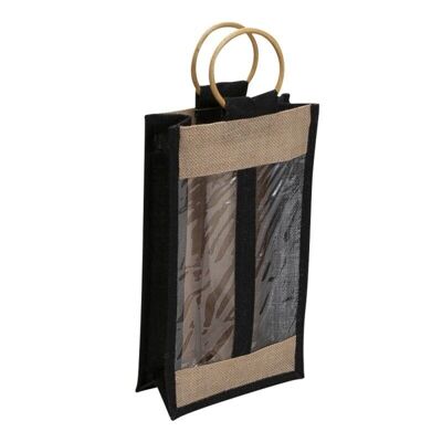 Natural and black jute bag for 2 bottles