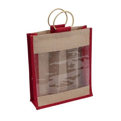 Natural and red jute bag for 3 bottles