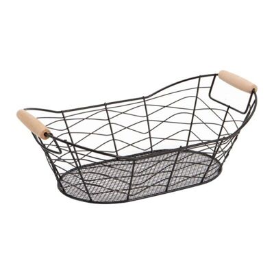 Oval basket in black metal and 2 natural wood handles