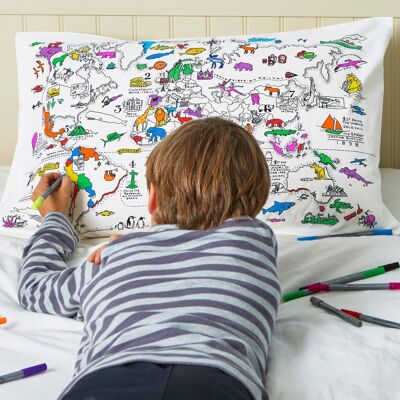 Funda de almohada Color In World Map Ropa de cama creativa para niños