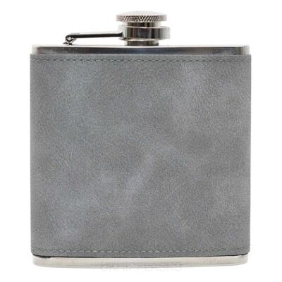 Stainless steel hip flask with gray leather covering