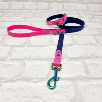 Waterproof BioThane© Two-Coloured Dog Collar & Dog Lead Set - Navy & Electric Pink