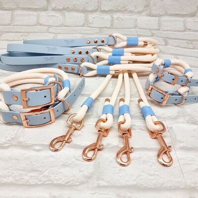 Set collare e guinzaglio per cani BioThane© impermeabile e paracord - crema e blu pastello