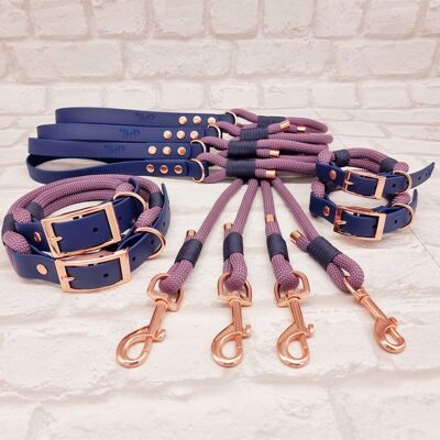 Set aus Paracord und wasserdichtem BioThane©-Hundehalsband und Hundeleine – Mauve und Marineblau