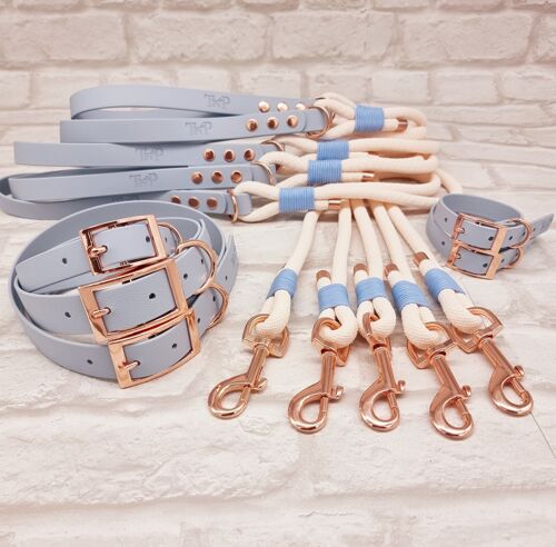 Paracord Rope Lead & waterproof Biothane Dog Collar 10pcs Bundle - Cream & Pastel Blue