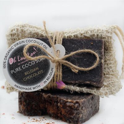 ORGANIC ALL-NATURAL Handmade BELGIAN CHOCOLATE soap (no essential oils)  & Soap Saver Bag