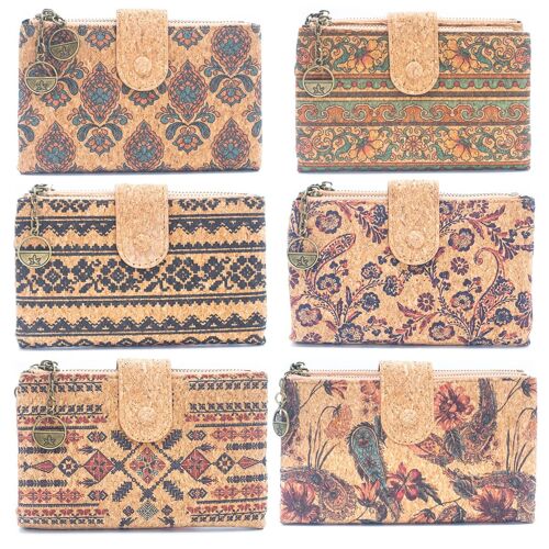 6 Cork card Wallets with Floral Print Patterns (6 Units) HY-032-MIX-6