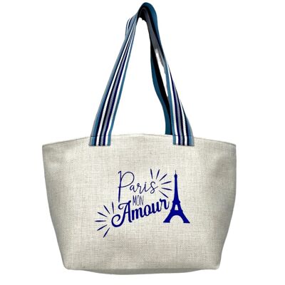 M walking bag, "Paris mon amour", ecru anjou blue strap