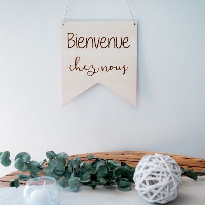 Decorative pennant "Welcome home" - interior decoration in wood writing trend