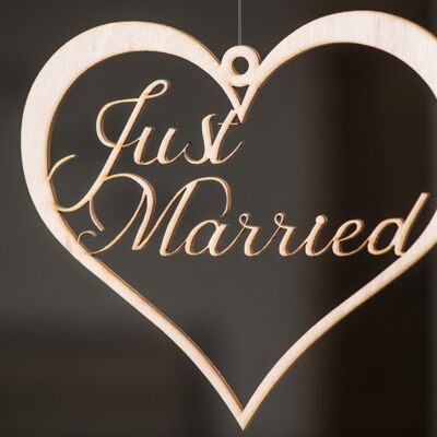 Word "Just Married" in wood - heart suspension for wedding