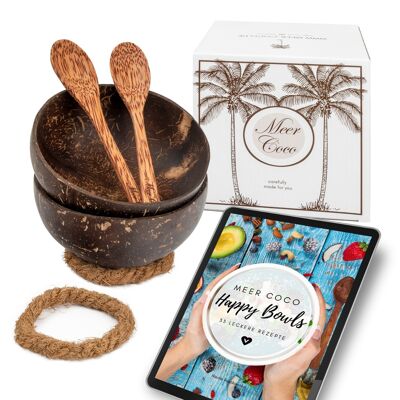 2 x coconut shells, natural wood spoons and coasters incl. 33 recipes as an e-book incl. 33 recipes as an e-book