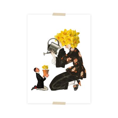 Carte postale dame et homme avec fleur jaune