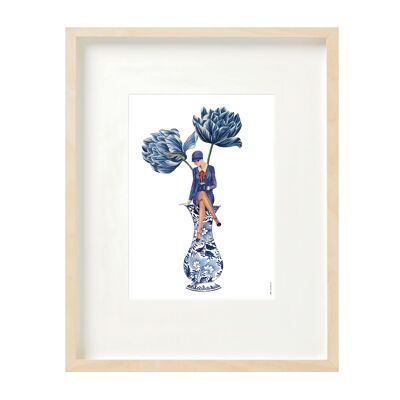 Artprint (A4) collage - pequeña dama en jarrón y tulipanes azules