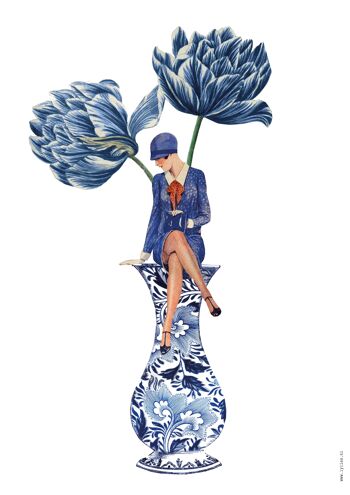 Collage Artprint (A4) - petite dame sur vase et tulipes bleues 2