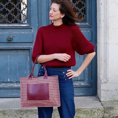 Red Tote Bag in cotton and leather burgundy collection