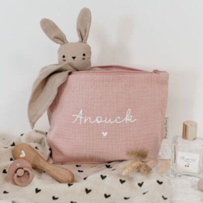 Trousse Tendresse en gaze de coton rose tendre