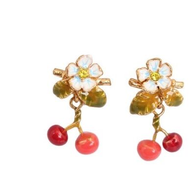 Enamel flower zircon gold-plated earring with cherry pendant